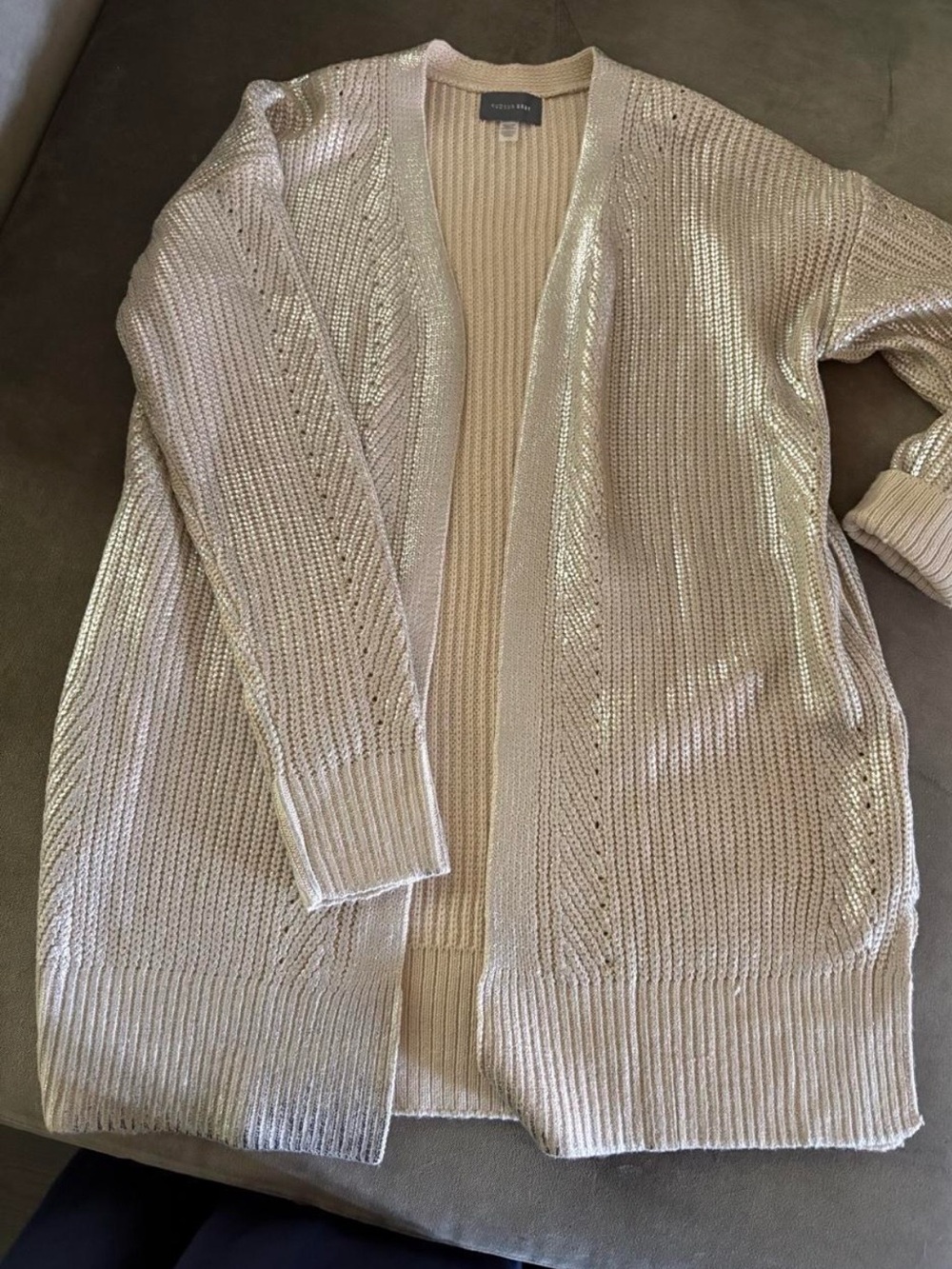 Hudson Gray Metallic-Trim Open Front Cardigan in Cream